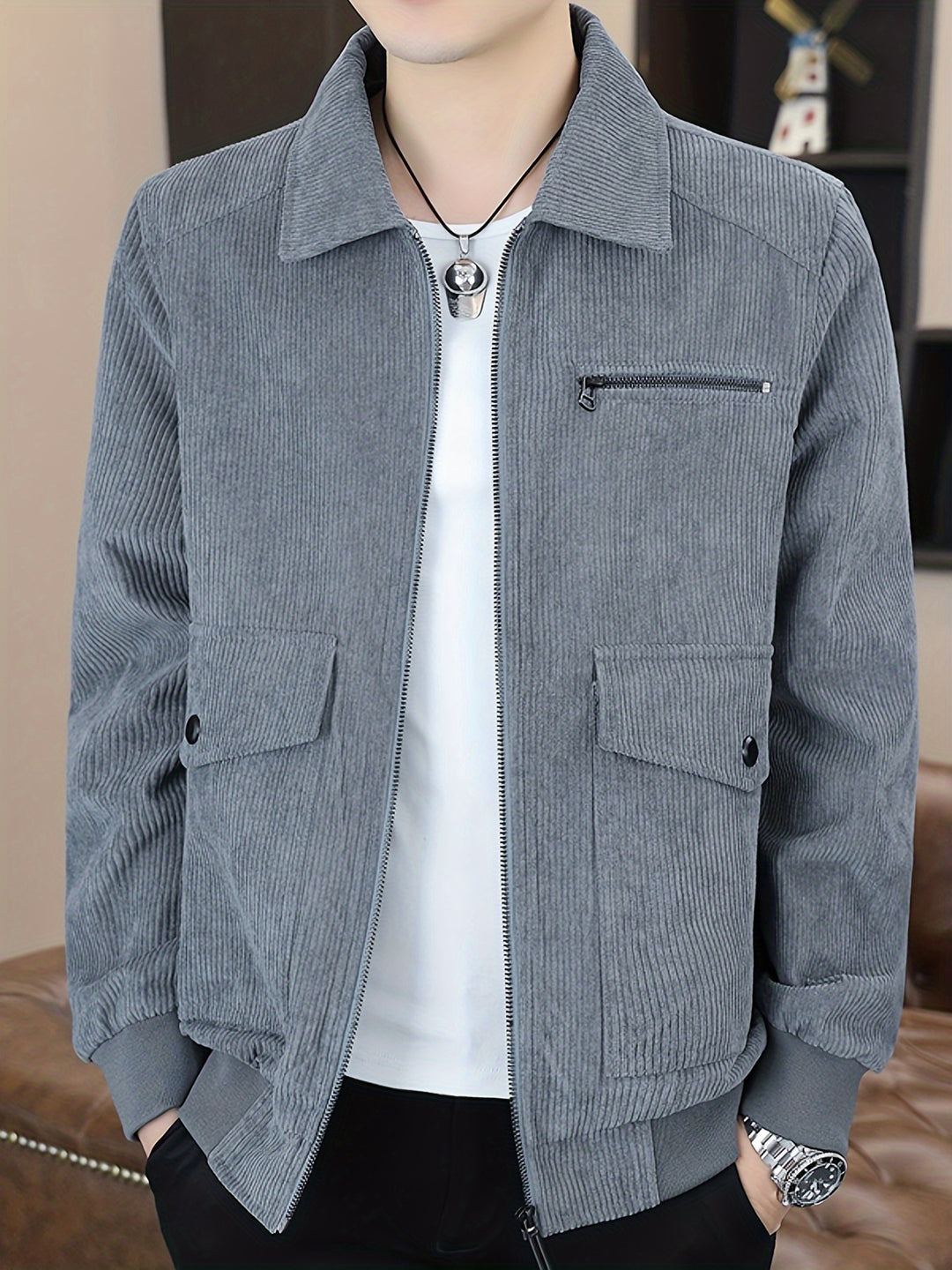 Men's Corduroy Jacket with Classic Collar and Zipper Closure 4