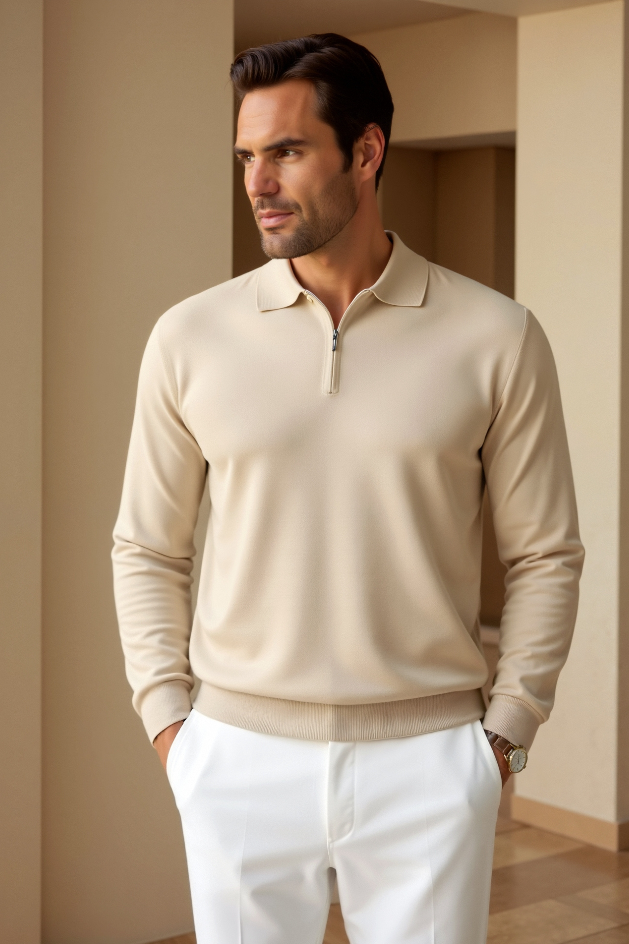 Men's Long Sleeve Polo Shirt with Modern Design 0