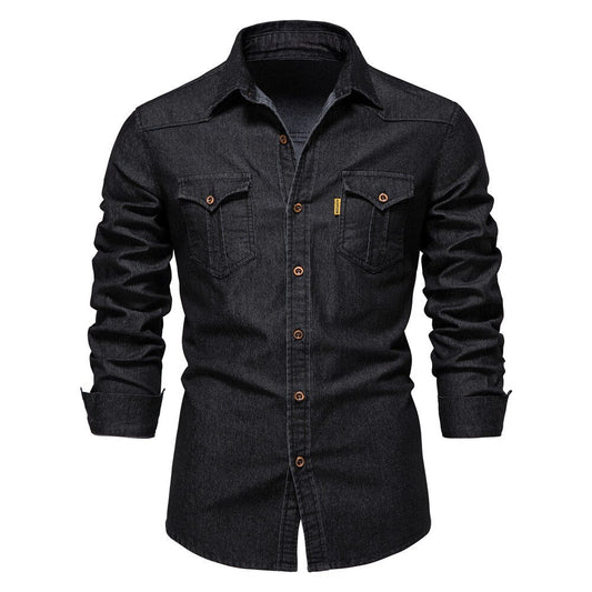 Men's Stretch Denim Shirt - Casual Slim Fit Long Sleeve 0