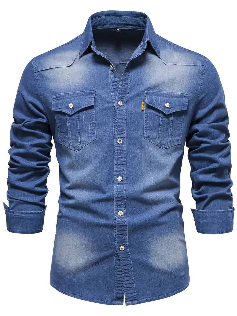 Men's Stretch Denim Shirt - Casual Slim Fit Long Sleeve 1