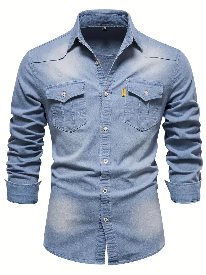 Men's Stretch Denim Shirt - Casual Slim Fit Long Sleeve 2