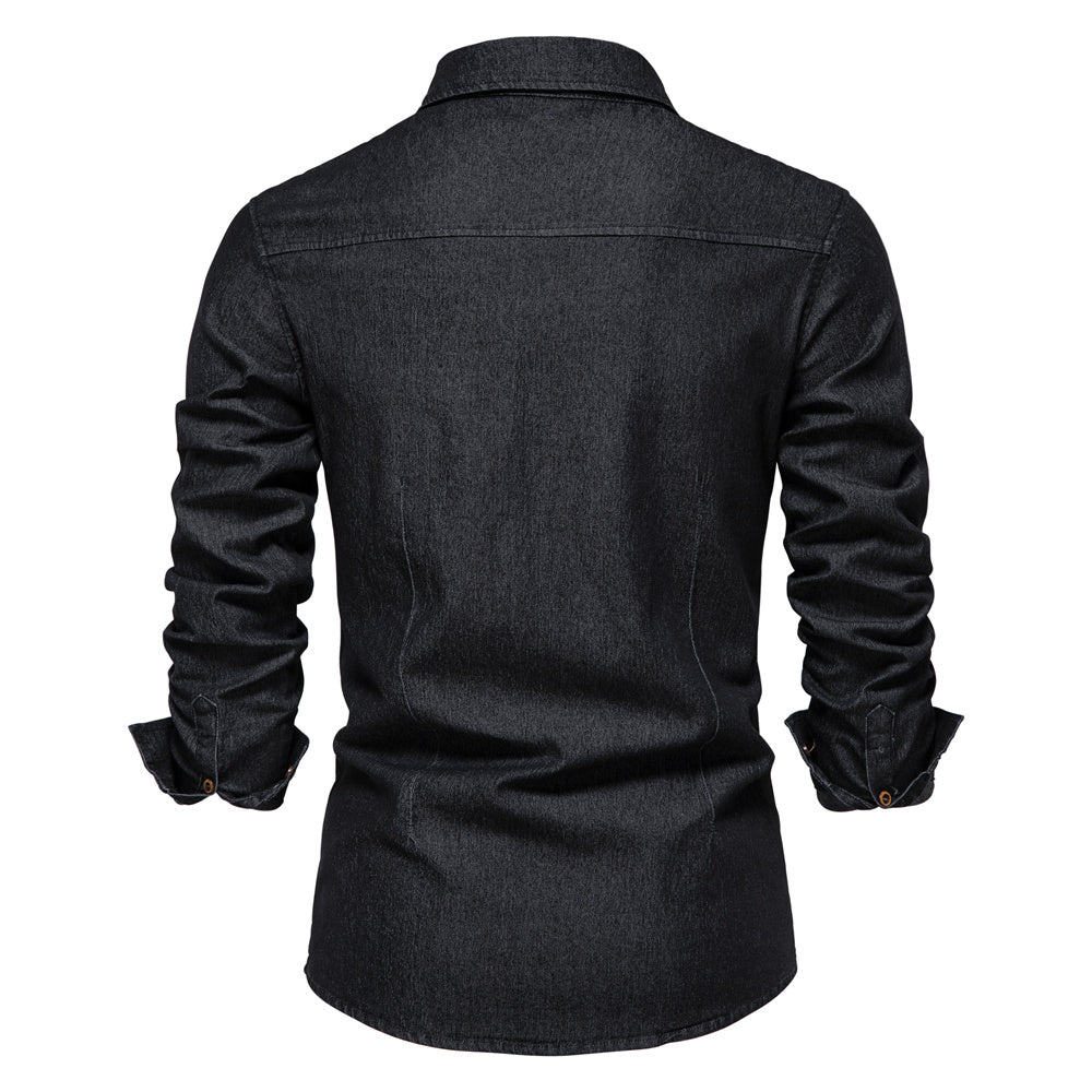 Men's Stretch Denim Shirt - Casual Slim Fit Long Sleeve 4