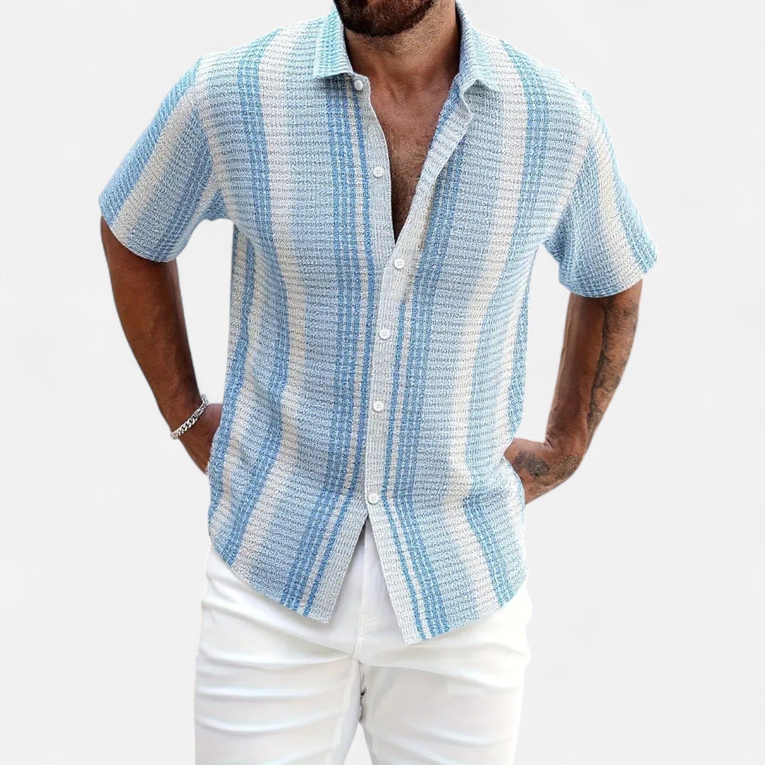 Men's Striped Button-Up Dress Shirt for Warm Weather 0