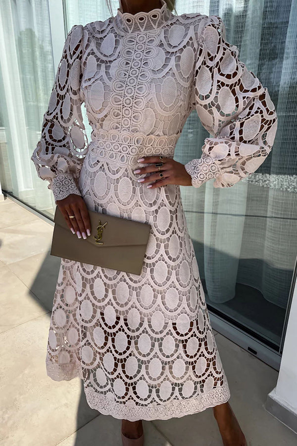 Women's Lace Midi Dress with High Neck and Puff Sleeves 1