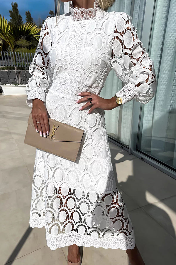 Women's Lace Midi Dress with High Neck and Puff Sleeves 2