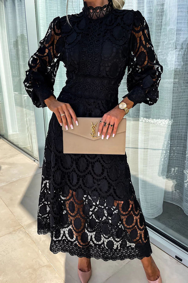 Women's Lace Midi Dress with High Neck and Puff Sleeves 3