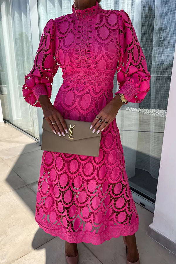 Women's Lace Midi Dress with High Neck and Puff Sleeves 5