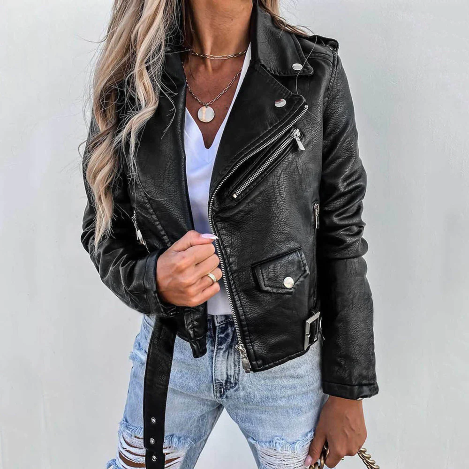 Women's Leather Jacket with Button Detail 4