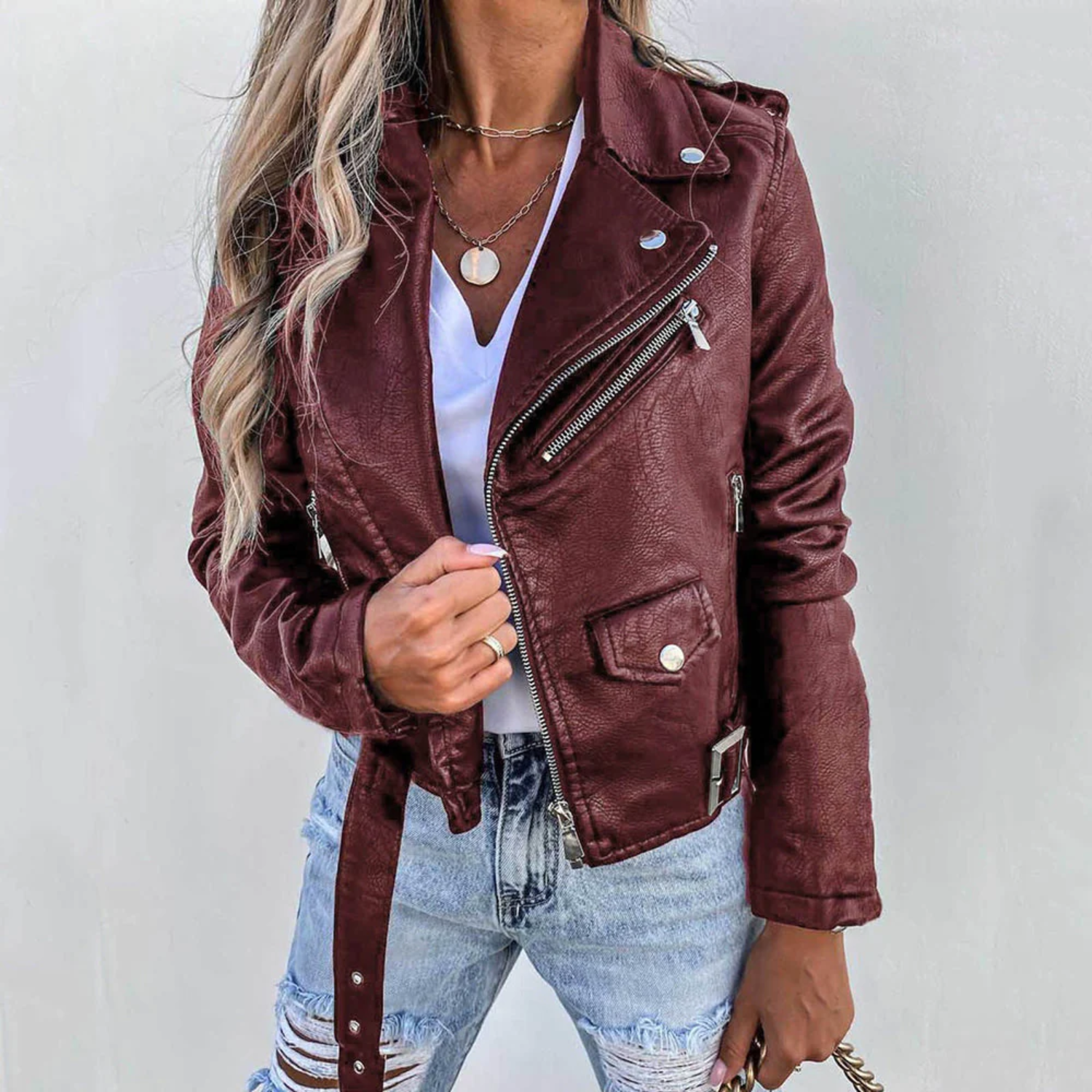 Women's Leather Jacket with Zipper and Padded Design 0