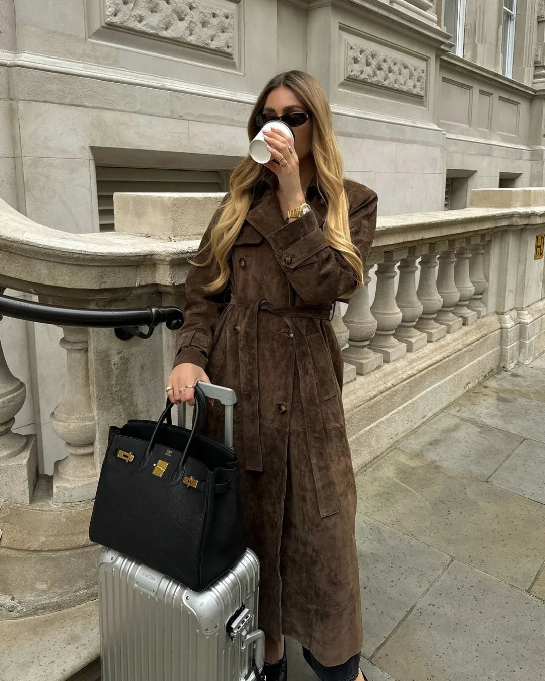 Women's Long Suede Trench Coat for Winter 0