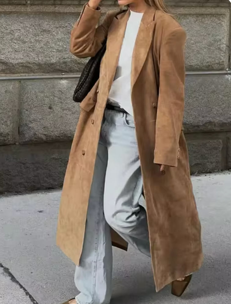 Women's Long Suede Trench Coat for Winter 4