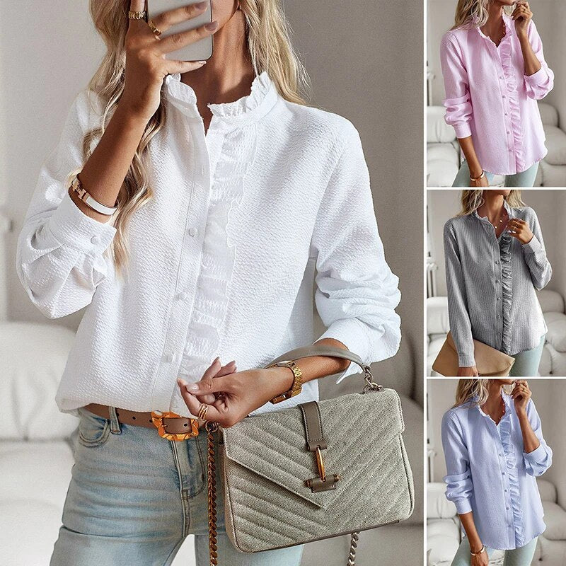 Women's Ruffled Button-Up Blouse - Long Sleeve Tops 1