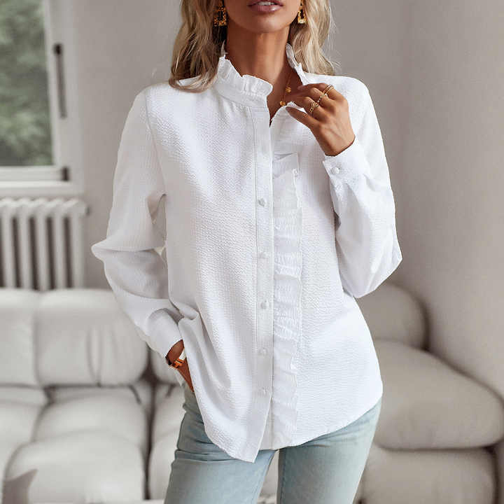 Women's Ruffled Button-Up Blouse - Long Sleeve Tops 2