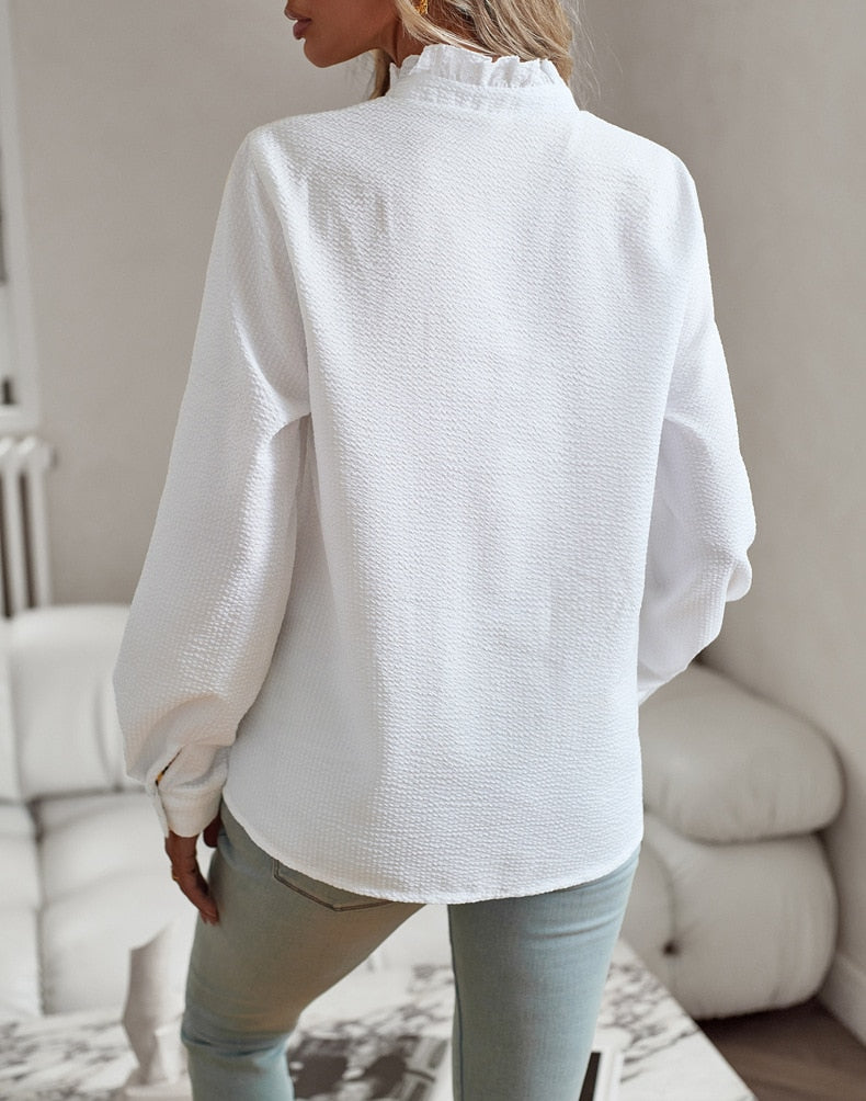 Women's Ruffled Button-Up Blouse - Long Sleeve Tops 6