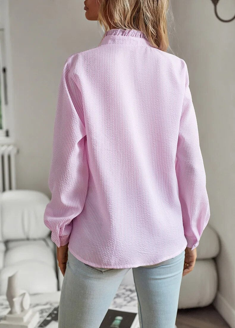 Women's Ruffled Button-Up Blouse - Long Sleeve Tops 8