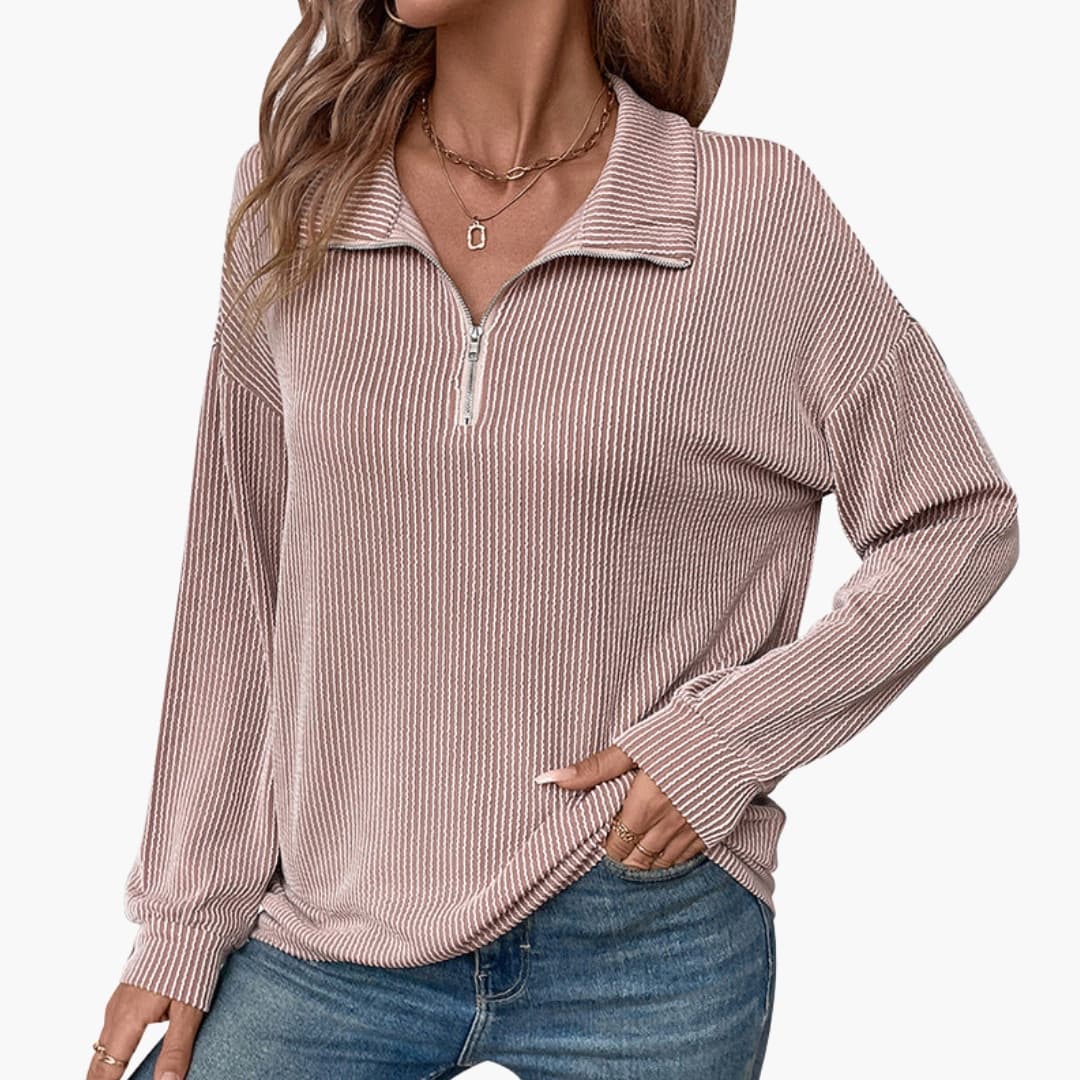 Women's Striped Rib Knit Sweater with Half Zipper 4