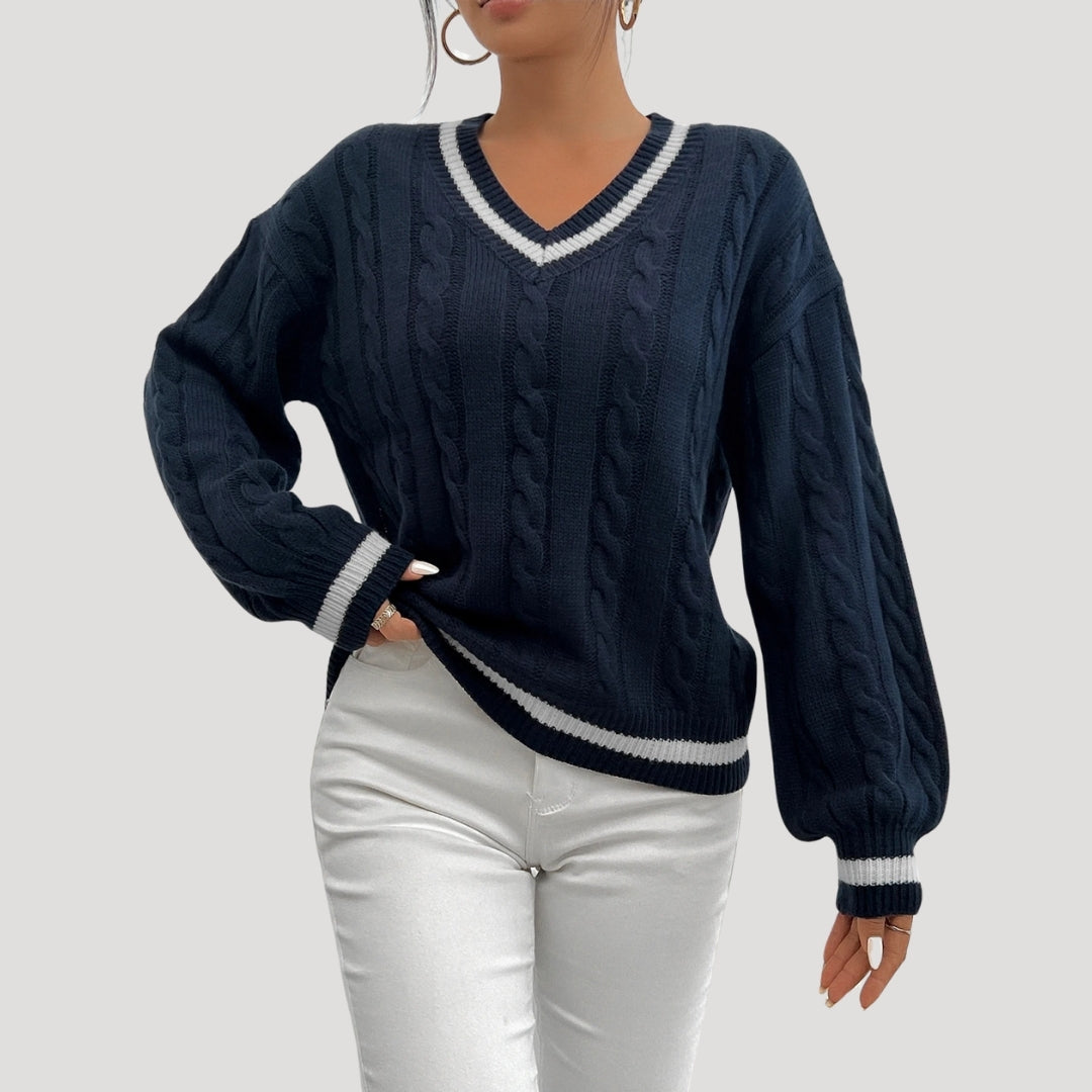 Women's V Neck Cable Knit Jumper with Contrast Trim 0