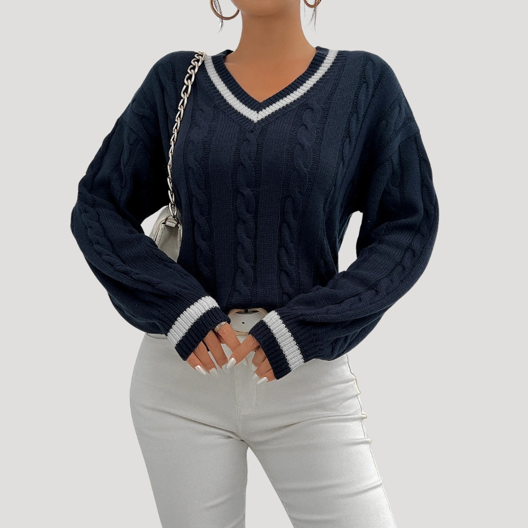 Women's V Neck Cable Knit Jumper with Contrast Trim 1