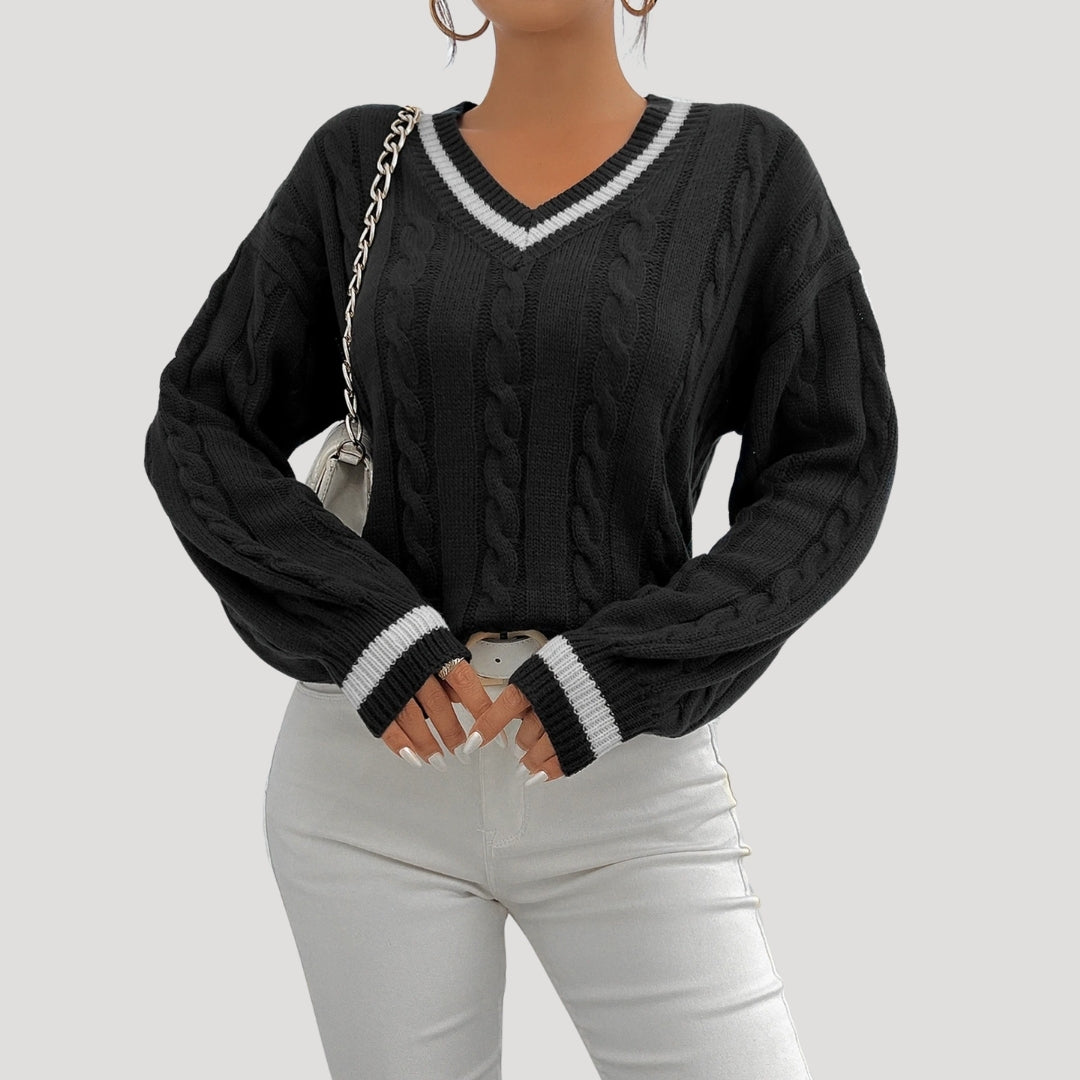 Women's V Neck Cable Knit Jumper with Contrast Trim 5