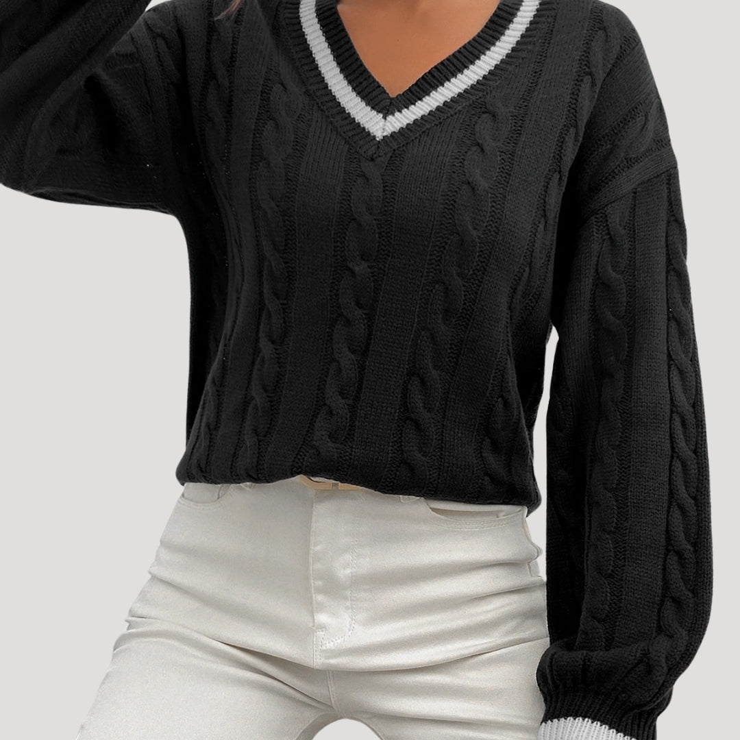 Women's V Neck Cable Knit Jumper with Contrast Trim 8
