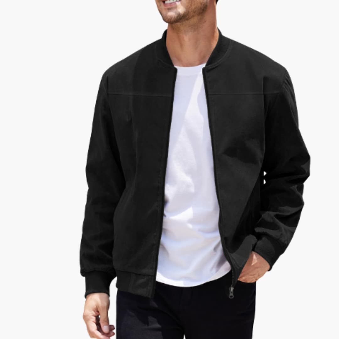 Men's Bomber Jacket with Ribbed Collar and Zipper 0