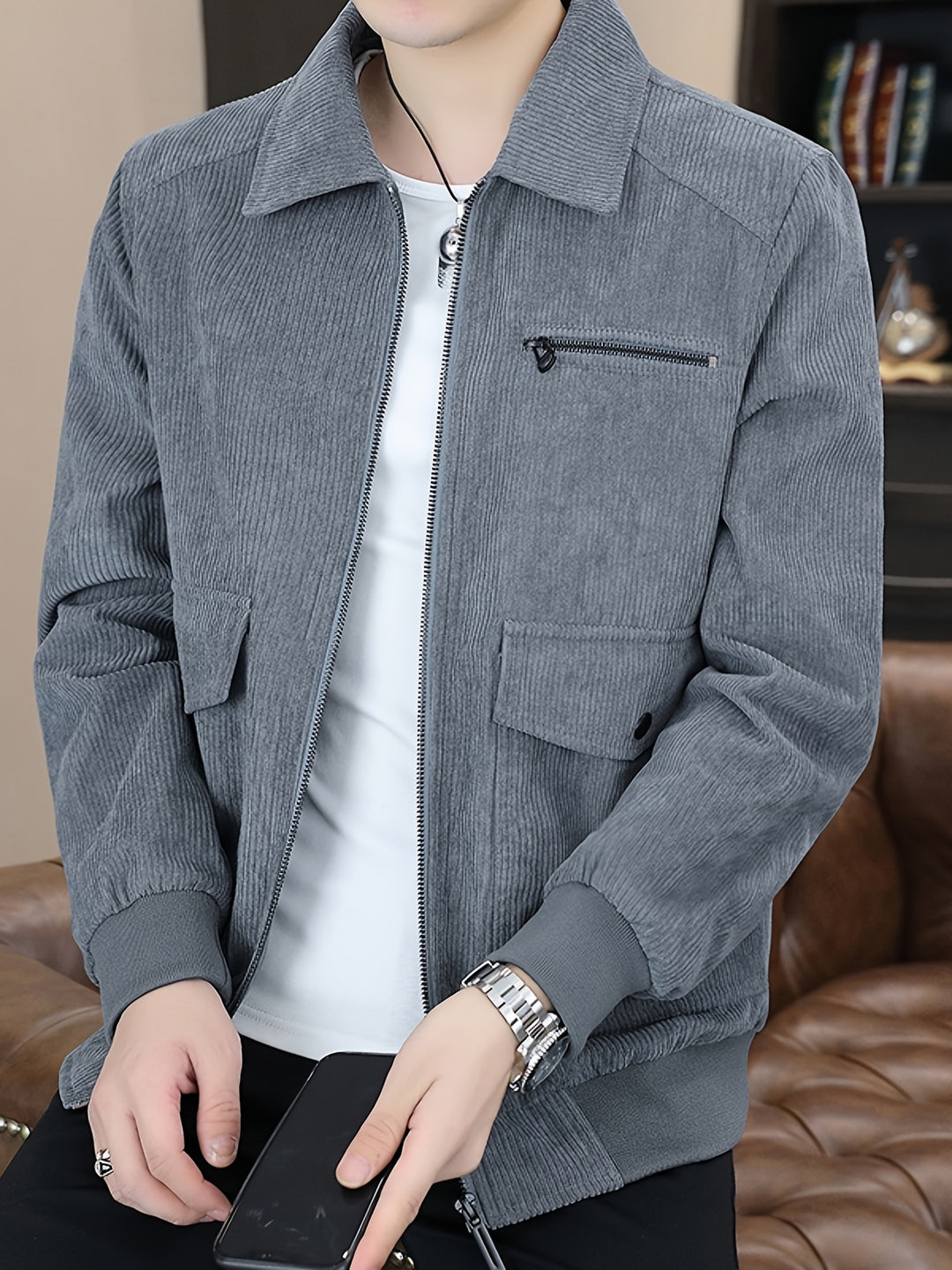 Men's Corduroy Jacket with Classic Collar and Zipper Closure 0