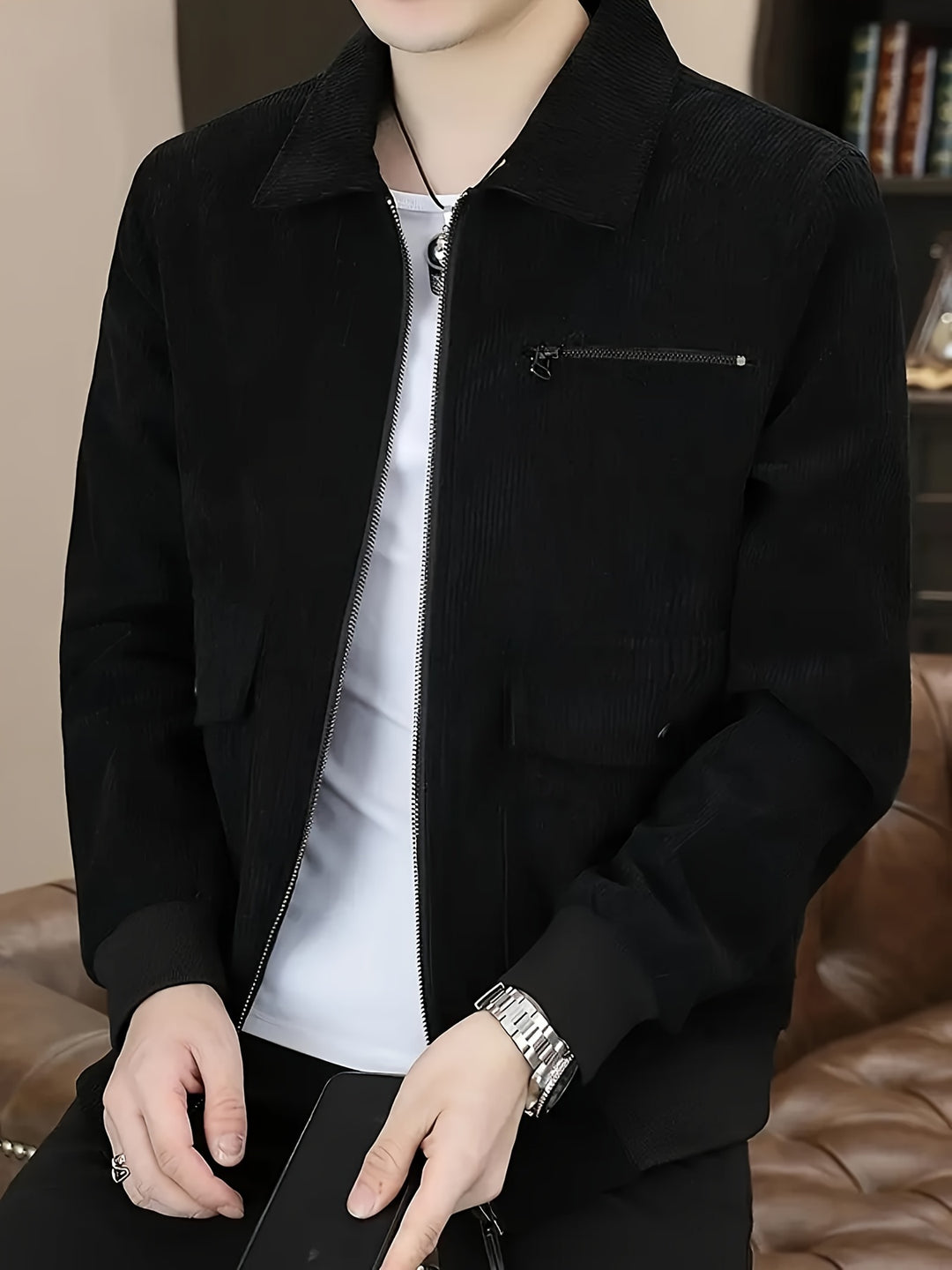 Men's Corduroy Jacket with Classic Collar and Zipper Closure 1