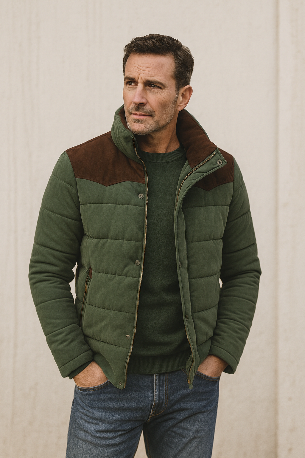 Men's Quilted Winter Jacket with Suede Shoulder Detail 0
