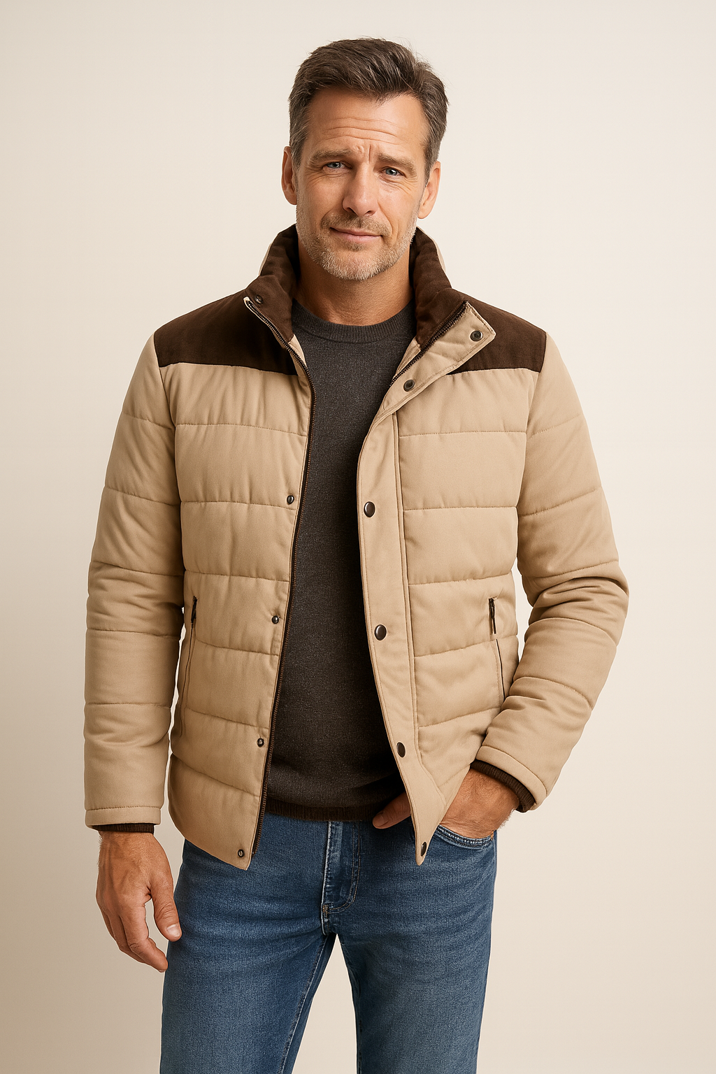 Men's Quilted Winter Jacket with Suede Shoulder Detail 1