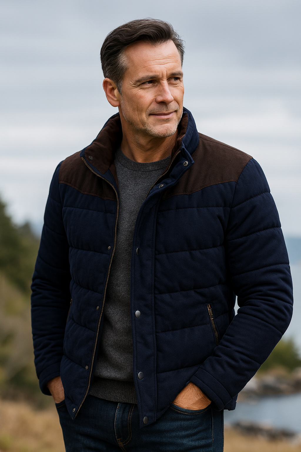 Men's Quilted Winter Jacket with Suede Shoulder Detail 2