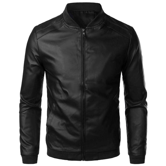 Men's Slim Fit Leather Jacket with Stand Collar 0