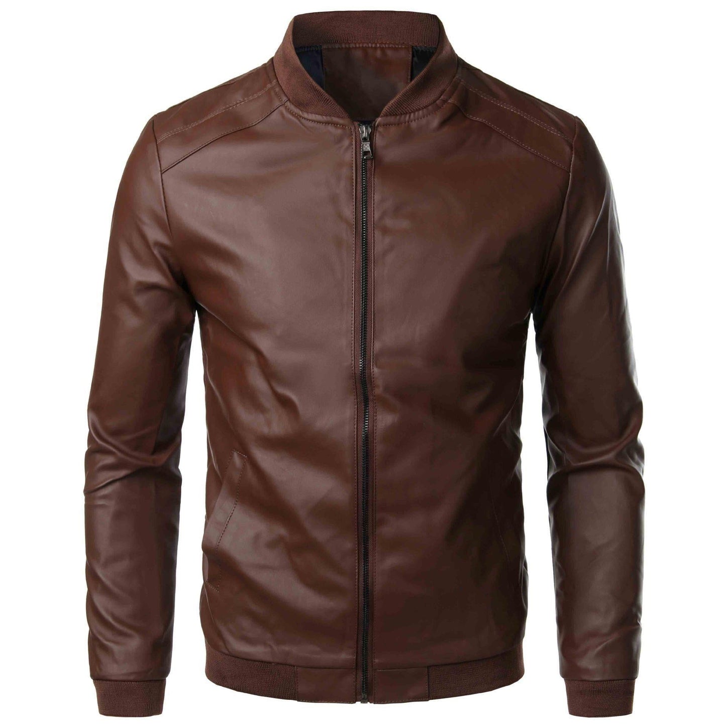 Men's Slim Fit Leather Jacket with Stand Collar 1