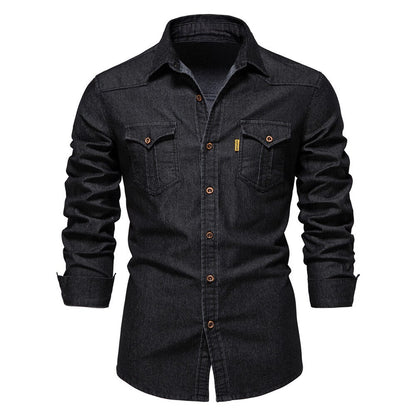 Men's Stretch Denim Shirt - Casual Slim Fit Long Sleeve 0