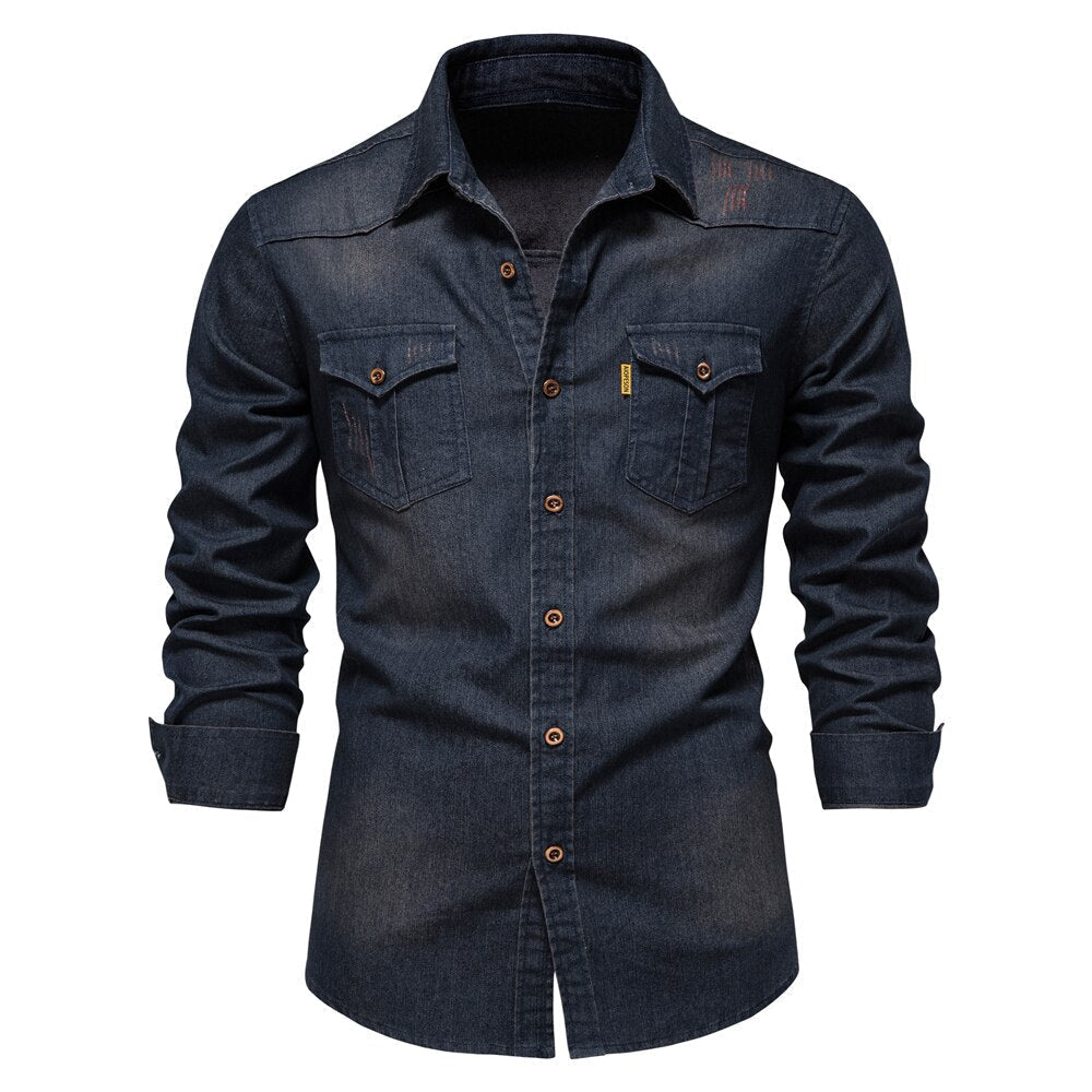 Men's Stretch Denim Shirt - Casual Slim Fit Long Sleeve 3