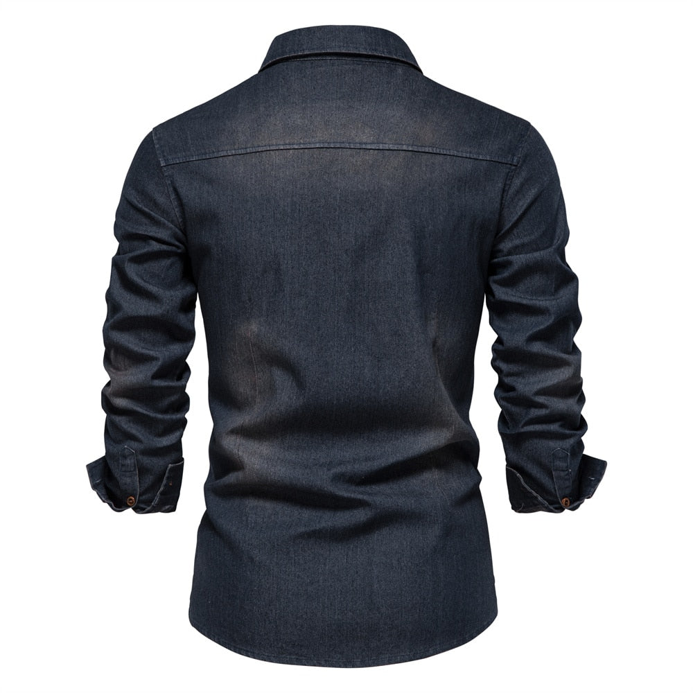 Men's Stretch Denim Shirt - Casual Slim Fit Long Sleeve 5