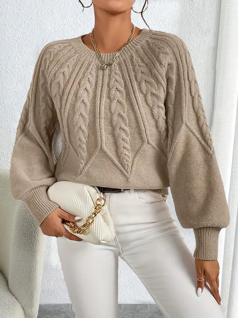 Women's Cable Knit Sweater with Balloon Sleeves 1