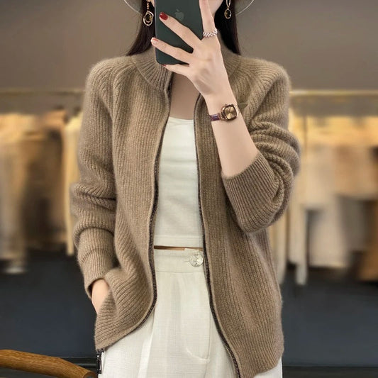 Women's Cashmere Cardigan Sweater with Zip-Up Design 0