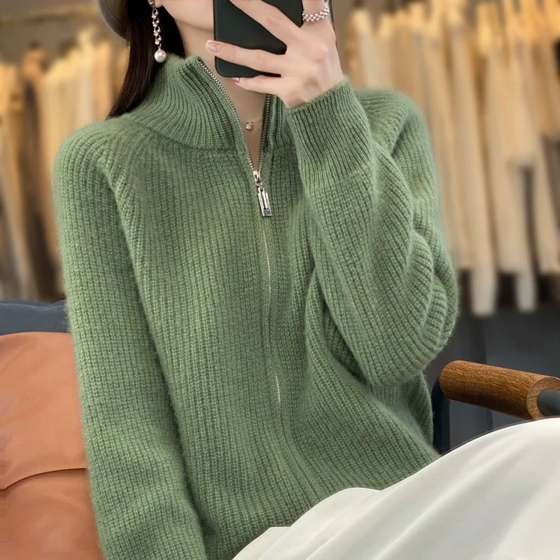 Women's Cashmere Cardigan Sweater with Zip-Up Design 1