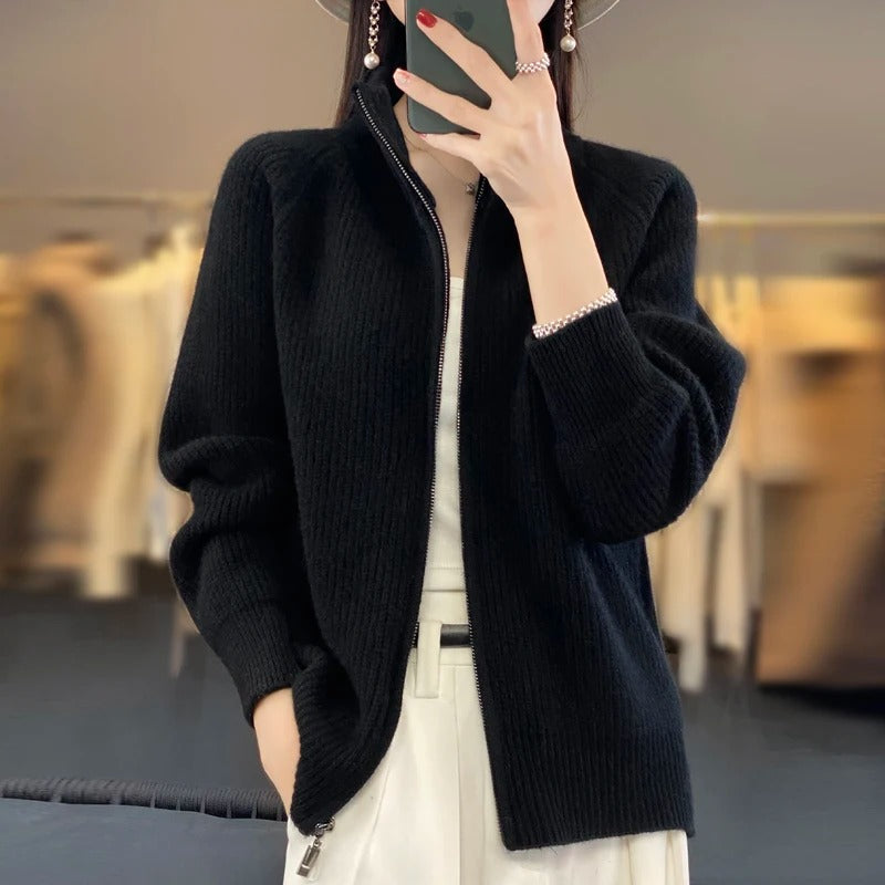 Women's Cashmere Cardigan Sweater with Zip-Up Design 2