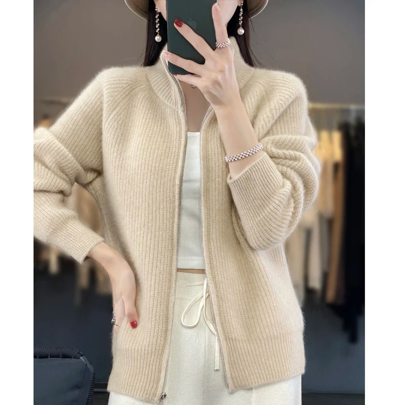 Women's Cashmere Cardigan Sweater with Zip-Up Design 3