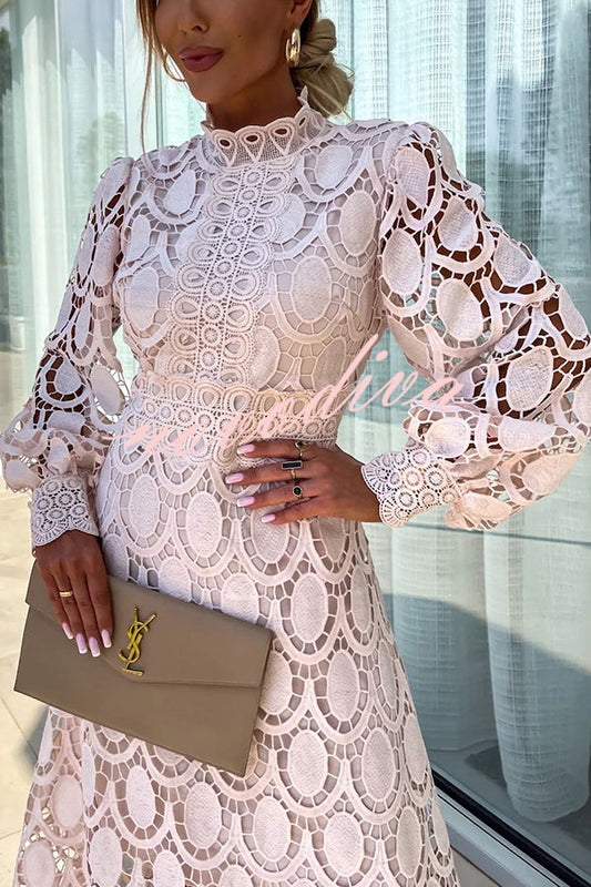 Women's Lace Midi Dress with High Neck and Puff Sleeves 0