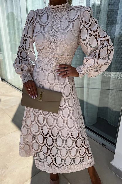 Women's Lace Midi Dress with High Neck and Puff Sleeves 1