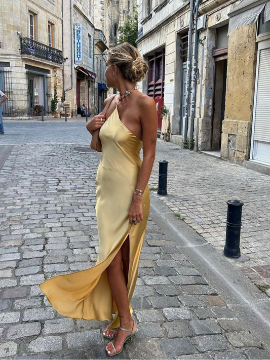 Women's Satin Maxi Dress with Back Splits 0