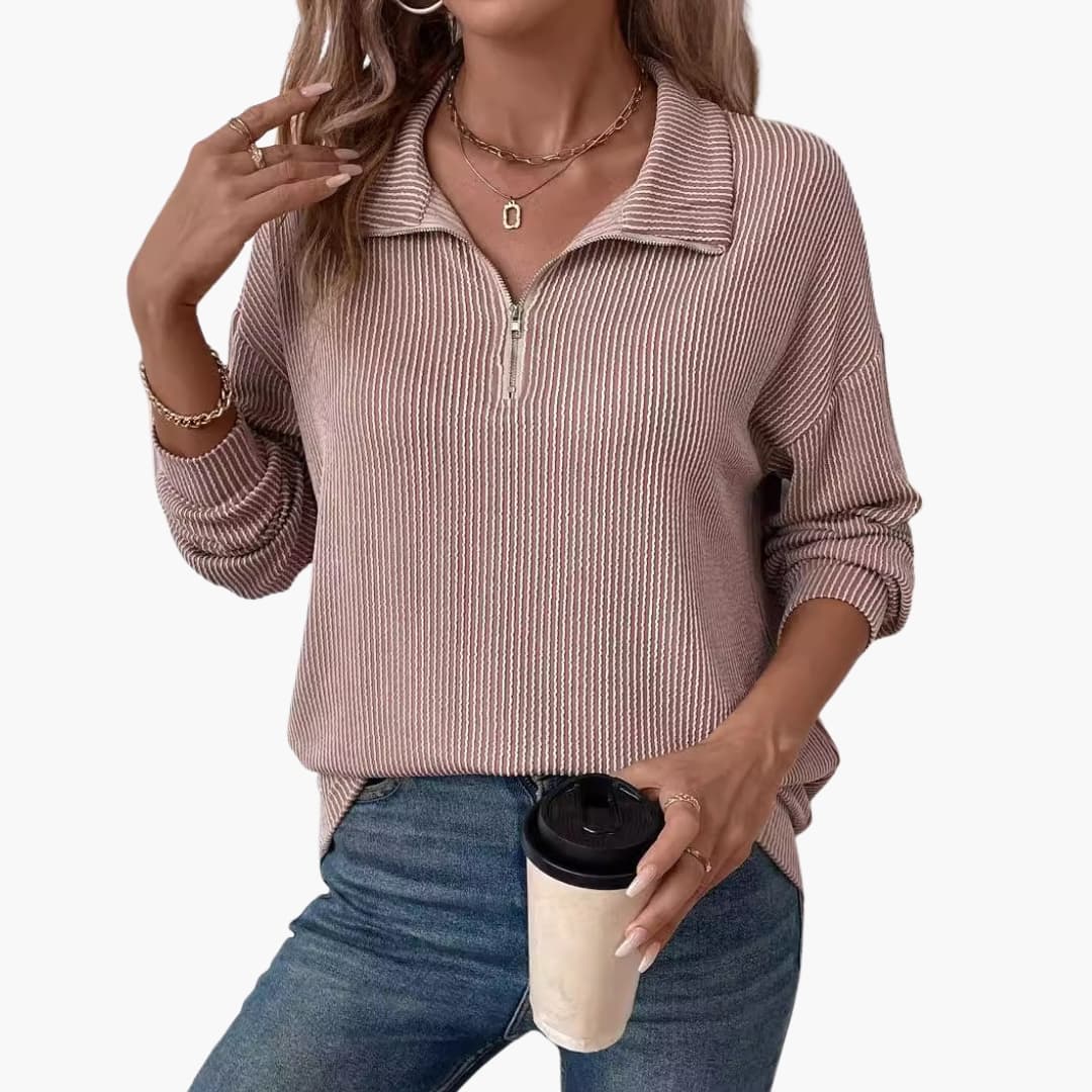 Women's Striped Rib Knit Sweater with Half Zipper 5