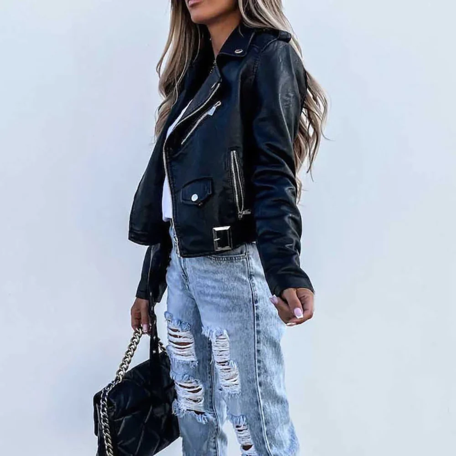 Women's Stylish Leather Jacket with Zipper 1