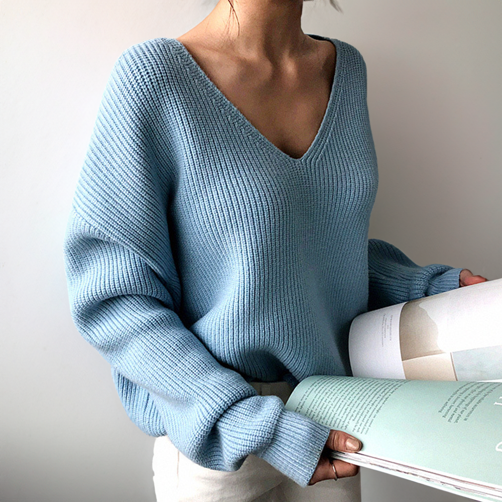 Women's V-Neck Sweater with Balloon Sleeves 0