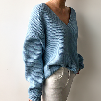 Women's V-Neck Sweater with Balloon Sleeves 1
