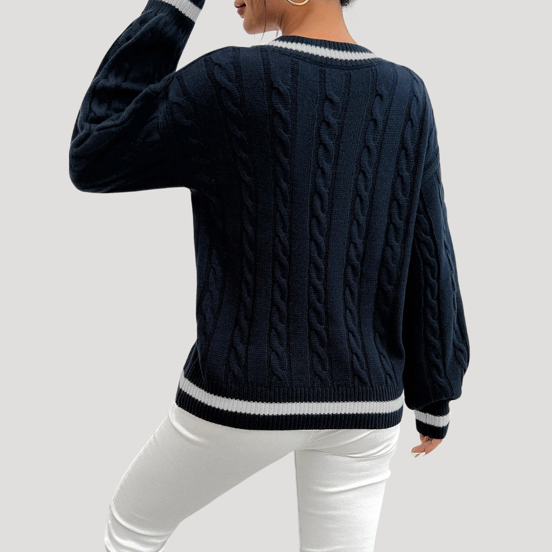 Women's V Neck Cable Knit Jumper with Contrast Trim 2