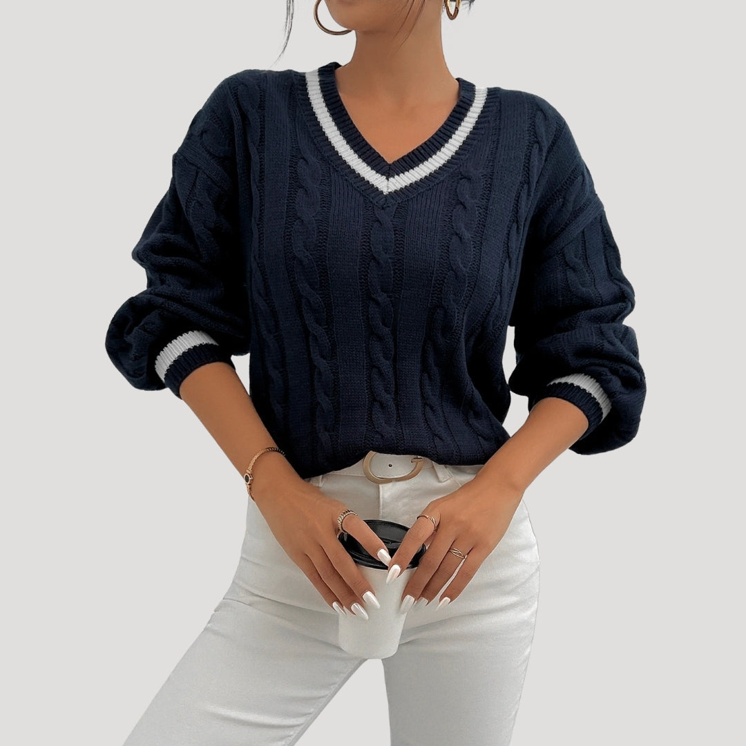 Women's V Neck Cable Knit Jumper with Contrast Trim 3