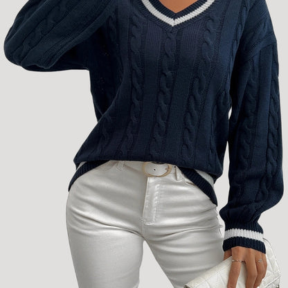 Women's V Neck Cable Knit Jumper with Contrast Trim 4